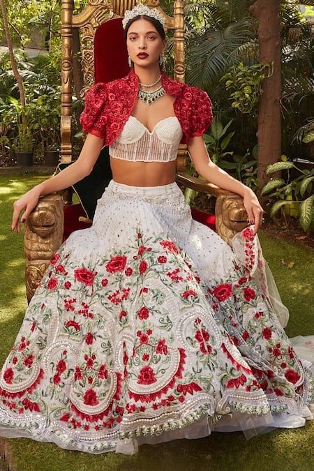 Buy_Cherie D_Red Tulle, Silk Pearls, Sequins, Begum Jaan Bolero Jacket And Lehenga Set _Online_at_Aza_Fashions
