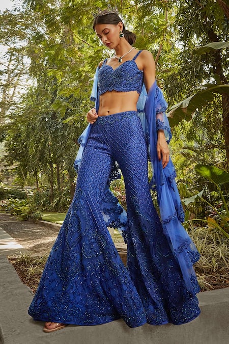 Cherie D_Blue Silk, Tulle Cut Work, Kunwarani Embroidered Corset Top And Sharara Set _Online_at_Aza_Fashions