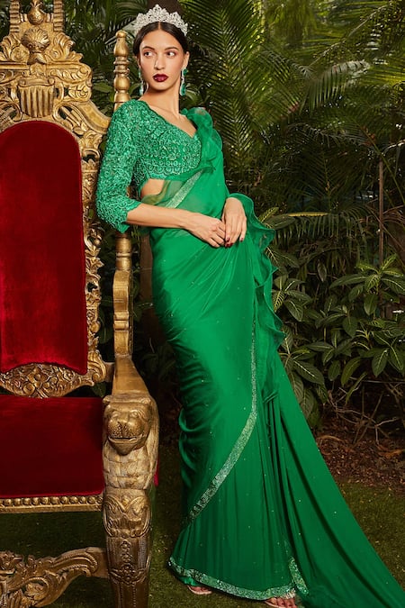 Cherie D_Green Satin, Georgette, Tulle, Silk Duchess Ruffle Border Saree With Blouse _Online_at_Aza_Fashions