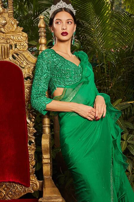 Buy_Cherie D_Green Satin, Georgette, Tulle, Silk Duchess Ruffle Border Saree With Blouse _Online_at_Aza_Fashions