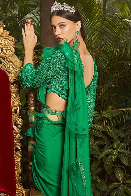Shop_Cherie D_Green Satin, Georgette, Tulle, Silk Duchess Ruffle Border Saree With Blouse _Online_at_Aza_Fashions