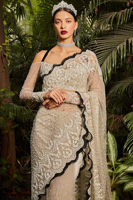 Cherie D Grey Silk, Tulle Pearls, Reina Embroidered Pre-draped Saree With Blouse Online at Aza Fashions Cherie D_Grey Silk, Tulle Pearls, Reina Embroidered Pre-draped Saree With Blouse _Online_at_Aza_Fashions
