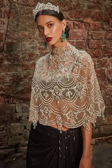 Cherie D_Silver Tulle, Silk Sequins Majesty Crystal Embroidered Cape And Draped Skirt Set _Online_at_Aza_Fashions