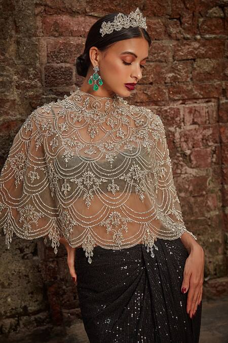 Buy_Cherie D_Silver Tulle, Silk Sequins Majesty Crystal Embroidered Cape And Draped Skirt Set _Online_at_Aza_Fashions