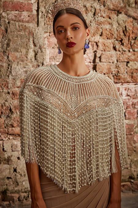 Cherie D_Ivory Silk, Tulle Pearls, Embroidery Round Sovereign Cape And Draped Skirt Set _Online_at_Aza_Fashions