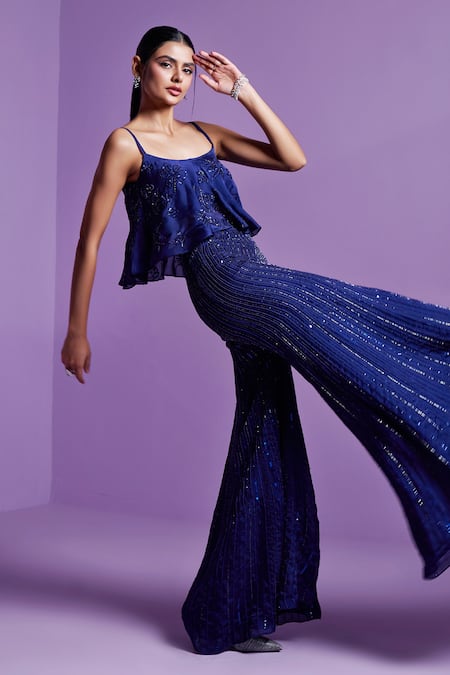 Parul Gandhi Blue Satin, Organza, Cotton Sequins, Crystals Eclipse Embroidered Pant With Top Online at Aza Fashions Parul Gandhi_Blue Satin, Organza, Cotton Sequins, Crystals Eclipse Embroidered Pant With Top _Online_at_Aza_Fashions