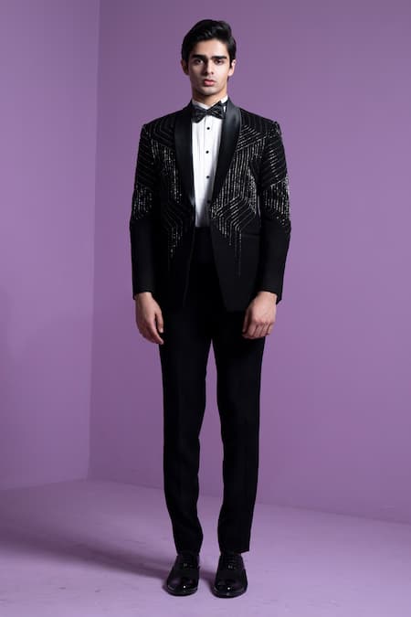 Contrast By Parth_Black Silk, Cotton Embroidery Ray Tuxedo Trouser Set _Online_at_Aza_Fashions