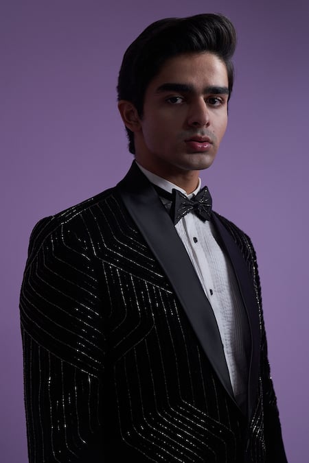 Buy_Contrast By Parth_Black Silk, Cotton Embroidery Ray Tuxedo Trouser Set _Online_at_Aza_Fashions