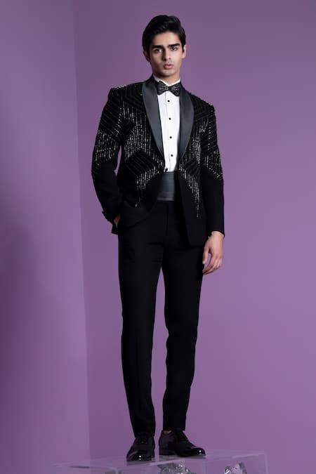 Shop_Contrast By Parth_Black Silk, Cotton Embroidery Ray Tuxedo Trouser Set _Online_at_Aza_Fashions