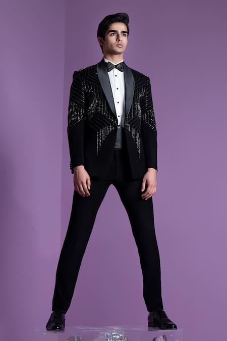 Contrast By Parth_Black Silk, Cotton Embroidery Ray Tuxedo Trouser Set _at_Aza_Fashions