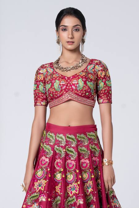 Siddhartha Bansal_Maroon Denim, Silk Sequins, Beads, Enchanted Flower Bridal Lehenga Set _at_Aza_Fashions