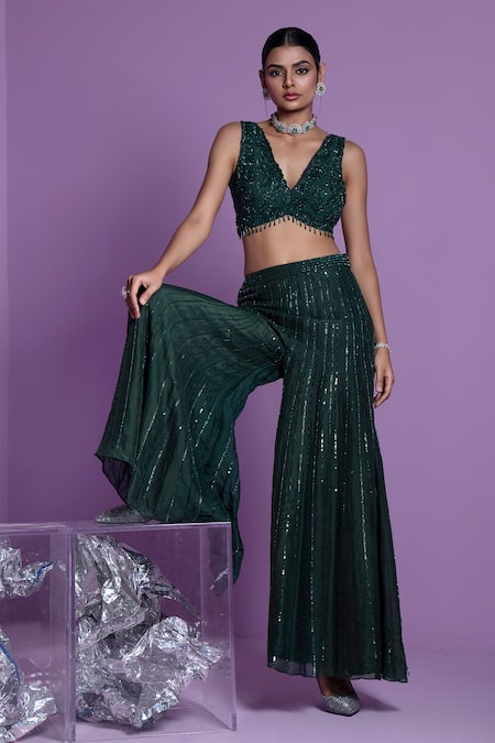 Parul Gandhi Green Organza Sequins, Crystals Plunge Neck Embroidered Pant Set With Blouse Online at Aza Fashions Parul Gandhi_Green Organza Sequins, Crystals Plunge Neck Embroidered Pant Set With Blouse _Online_at_Aza_Fashions
