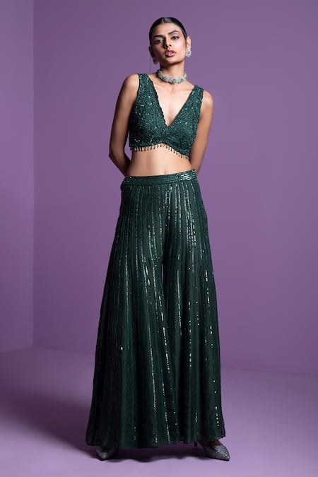 Buy Parul Gandhi Green Organza Sequins, Crystals Plunge Neck Embroidered Pant Set With Blouse Online at Aza Fashions Buy_Parul Gandhi_Green Organza Sequins, Crystals Plunge Neck Embroidered Pant Set With Blouse _Online_at_Aza_Fashions