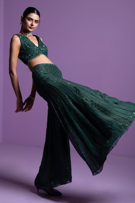 Shop Parul Gandhi Green Organza Sequins, Crystals Plunge Neck Embroidered Pant Set With Blouse Online at Aza Fashions Shop_Parul Gandhi_Green Organza Sequins, Crystals Plunge Neck Embroidered Pant Set With Blouse _Online_at_Aza_Fashions