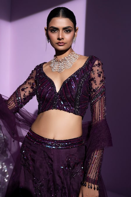 Parul Gandhi_Purple , Net, Organza Stellar Floral Shimmer Embellished Lehenga Set _Online_at_Aza_Fashions