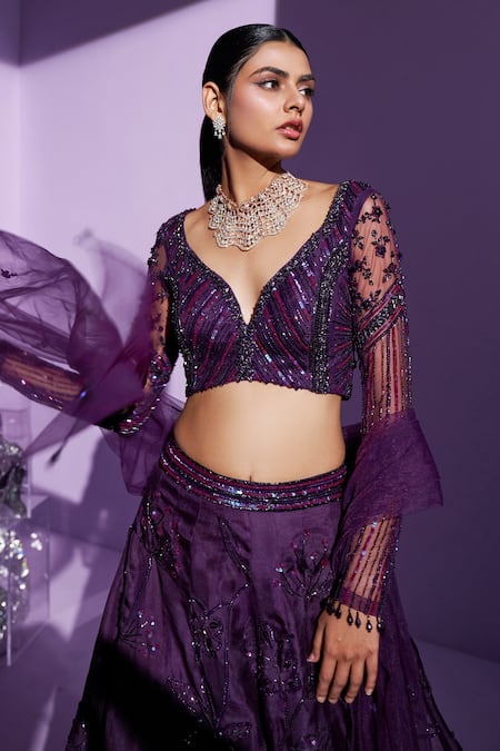 Buy_Parul Gandhi_Purple , Net, Organza Stellar Floral Shimmer Embellished Lehenga Set _Online_at_Aza_Fashions