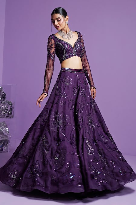 Shop_Parul Gandhi_Purple , Net, Organza Stellar Floral Shimmer Embellished Lehenga Set _Online_at_Aza_Fashions