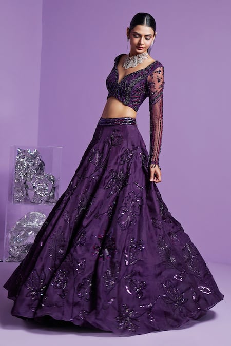 Parul Gandhi_Purple , Net, Organza Stellar Floral Shimmer Embellished Lehenga Set _at_Aza_Fashions