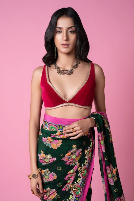 Siddhartha Bansal_Green Pure Crepe Embroidered Paisley Royal Print Saree With Blouse  _at_Aza_Fashions