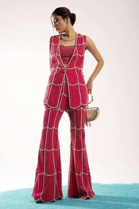 Charu And Vasundhara Fuchsia Tussar, Net Pearls Open Neck Ezlyn Embroidered Coat Pant Set Online at Aza Fashions Charu And Vasundhara_Fuchsia Tussar, Net Pearls Open Neck Ezlyn Embroidered Coat Pant Set _Online_at_Aza_Fashions