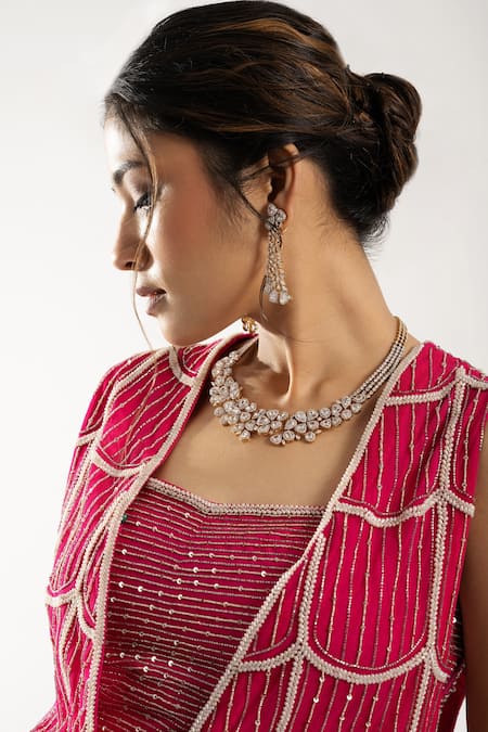 Buy Charu And Vasundhara Fuchsia Tussar, Net Pearls Open Neck Ezlyn Embroidered Coat Pant Set Online at Aza Fashions Buy_Charu And Vasundhara_Fuchsia Tussar, Net Pearls Open Neck Ezlyn Embroidered Coat Pant Set _Online_at_Aza_Fashions