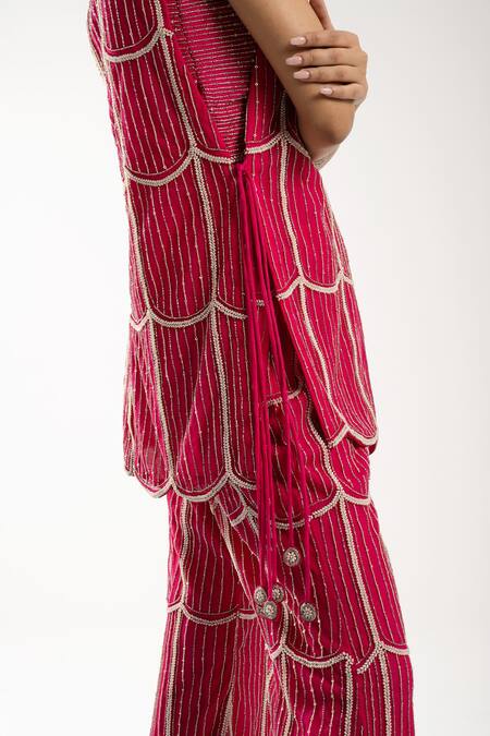 Shop Charu And Vasundhara Fuchsia Tussar, Net Pearls Open Neck Ezlyn Embroidered Coat Pant Set Online at Aza Fashions Shop_Charu And Vasundhara_Fuchsia Tussar, Net Pearls Open Neck Ezlyn Embroidered Coat Pant Set _Online_at_Aza_Fashions