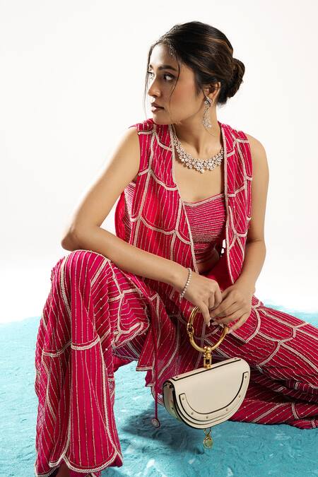 Charu And Vasundhara Fuchsia Tussar, Net Pearls Open Neck Ezlyn Embroidered Coat Pant Set at Aza Fashions Charu And Vasundhara_Fuchsia Tussar, Net Pearls Open Neck Ezlyn Embroidered Coat Pant Set _at_Aza_Fashions