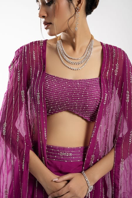 Charu And Vasundhara Purple Tussar, Organza Embroidery Scoop Neck Eira Blouse And Sharara Set  4