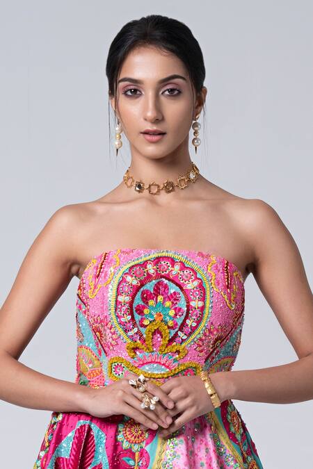 Siddhartha Bansal_Multi Color Silk Taffeta Embroidered 3d Straight Bandeau Gown _at_Aza_Fashions