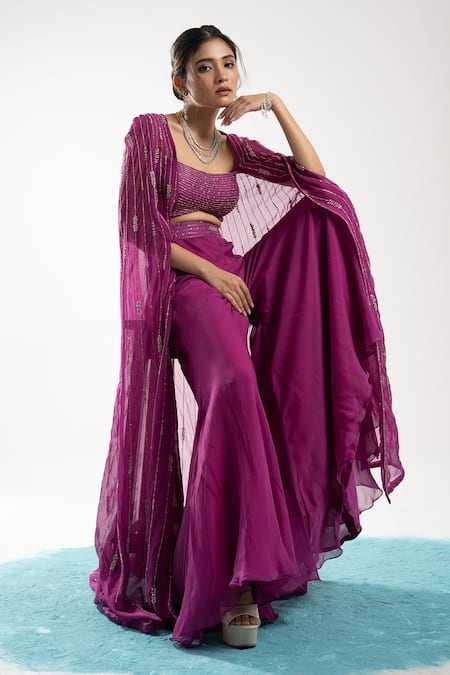 Charu And Vasundhara Purple Tussar, Organza Embroidery Scoop Neck Eira Blouse And Sharara Set  6