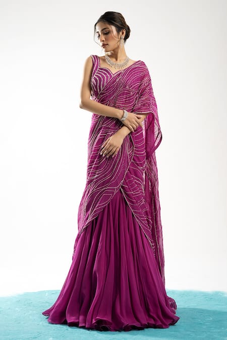 Charu And Vasundhara Purple Tussar Embroidery Ellora Pre-draped Organza Lehenga Saree With Blouse Online at Aza Fashions Charu And Vasundhara_Purple Tussar Embroidery Ellora Pre-draped Organza Lehenga Saree With Blouse _Online_at_Aza_Fashions