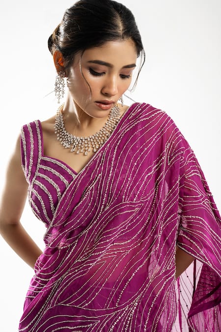 Buy Charu And Vasundhara Purple Tussar Embroidery Ellora Pre-draped Organza Lehenga Saree With Blouse Online at Aza Fashions Buy_Charu And Vasundhara_Purple Tussar Embroidery Ellora Pre-draped Organza Lehenga Saree With Blouse _Online_at_Aza_Fashions