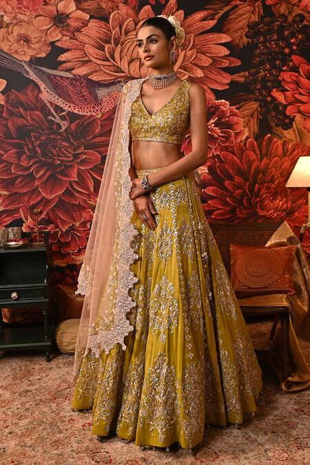 Moledro_Green Brocade, Net Sequins, Pearls, Anaya Dabka Embellished Bridal Lehenga Set _Online_at_Aza_Fashions