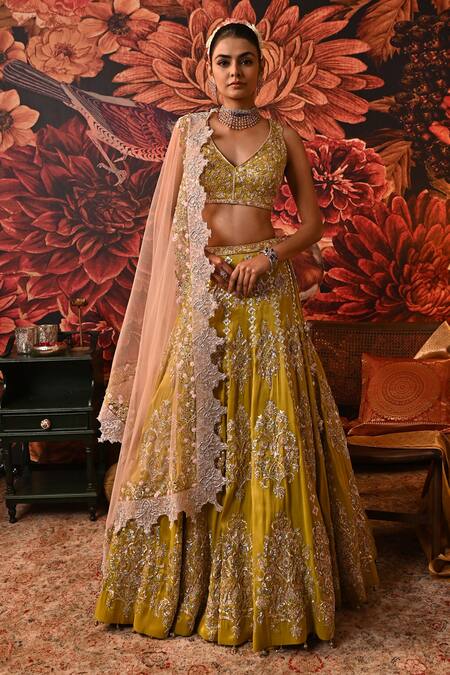 Buy_Moledro_Green Brocade, Net Sequins, Pearls, Anaya Dabka Embellished Bridal Lehenga Set _Online_at_Aza_Fashions