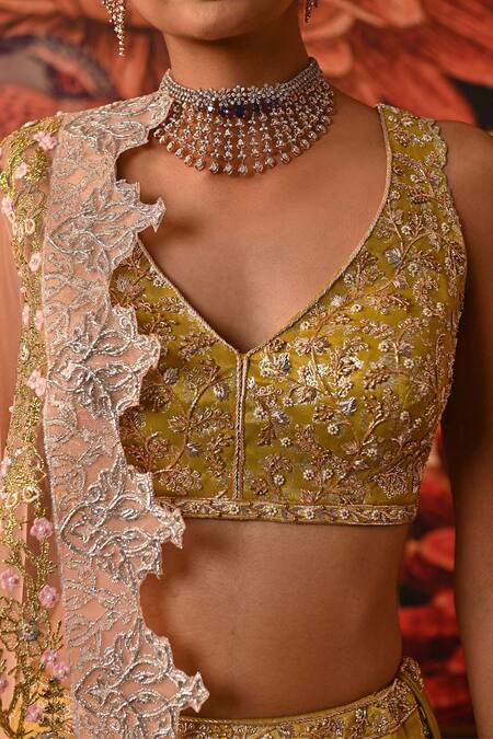 Moledro_Green Brocade, Net Sequins, Pearls, Anaya Dabka Embellished Bridal Lehenga Set _at_Aza_Fashions