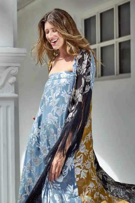 Shop_Style Junkiie_Grey Georgette Embroidery Square Neck Asymmetric Jumpsuit  _Online_at_Aza_Fashions