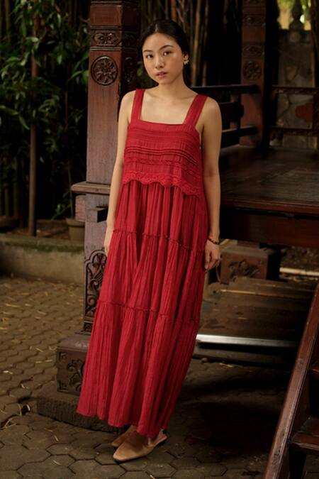 Baju_Red Chanderi Cotton, Silk Lace Square Neck Embroidered Maxi Dress_Online_at_Aza_Fashions