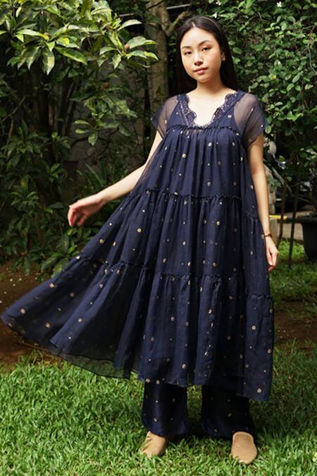 Baju_Blue Chanderi Cotton Silk Hand Printed And Embroidered Pant_Online_at_Aza_Fashions