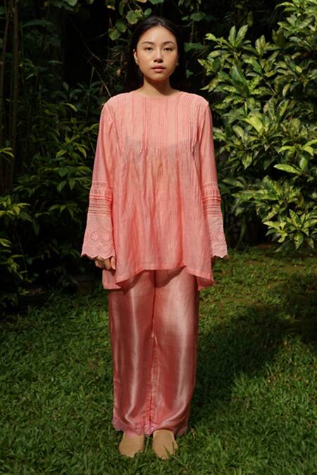 Buy_Baju_Pink Chanderi Cotton, Silk Lace Round Neck Sleeve Embroidered Top_Online_at_Aza_Fashions