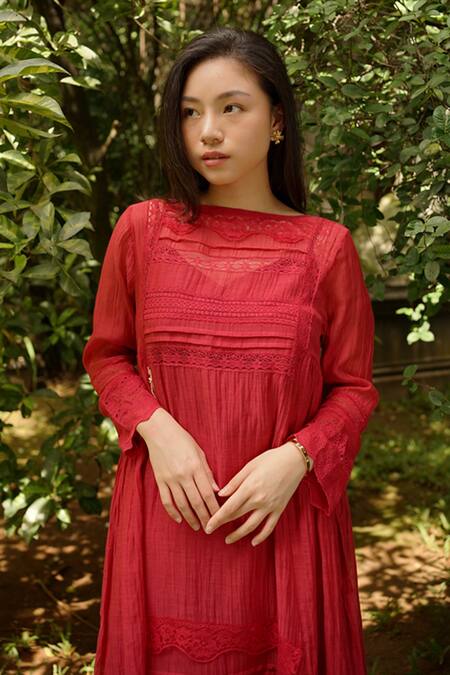 Shop_Baju_Purple Chanderi Cotton, Silk Lace Round Neck Embroidered And Paneled Tunic_Online_at_Aza_Fashions