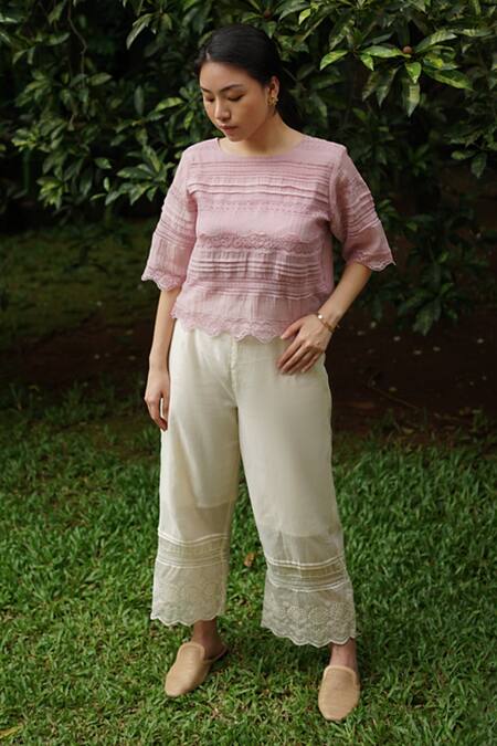 Buy_Baju_Purple Chanderi Cotton, Silk Lace Round Neck Embroidered Blouse_Online_at_Aza_Fashions