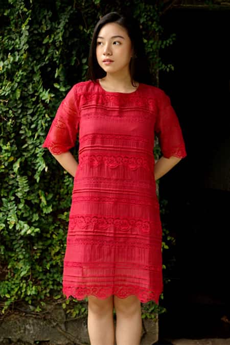 Baju_Red Chanderi Cotton, Silk Lace Round Neck Embroidered Dress_Online_at_Aza_Fashions