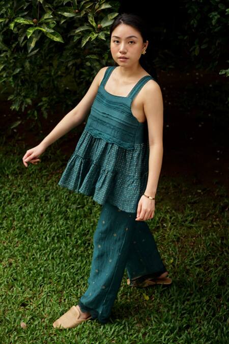 Baju_Green Chanderi Cotton, Silk Lace Square Neck Gathered Top_Online_at_Aza_Fashions