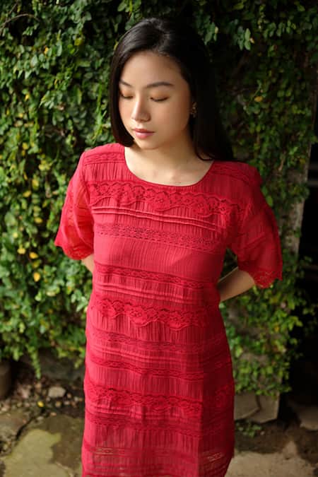 Buy_Baju_Red Chanderi Cotton, Silk Lace Round Neck Embroidered Dress_Online_at_Aza_Fashions
