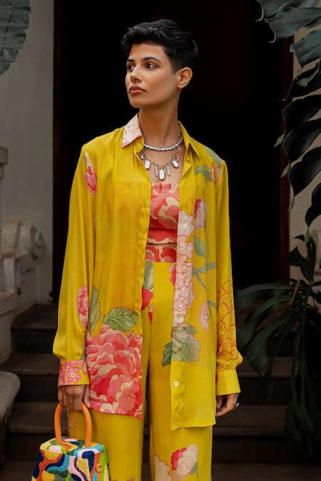 Paulmi And Harsh_Yellow Crepe Embroidery Collared Refreshing Floral Print Shirt And Pant Set _Online_at_Aza_Fashions