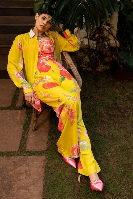 Shop_Paulmi And Harsh_Yellow Crepe Embroidery Collared Refreshing Floral Print Shirt And Pant Set _Online_at_Aza_Fashions