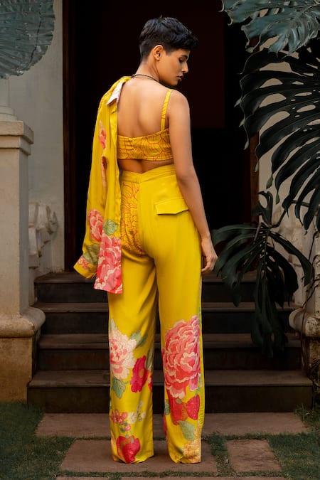 Paulmi And Harsh_Yellow Crepe Embroidery Collared Refreshing Floral Print Shirt And Pant Set _at_Aza_Fashions