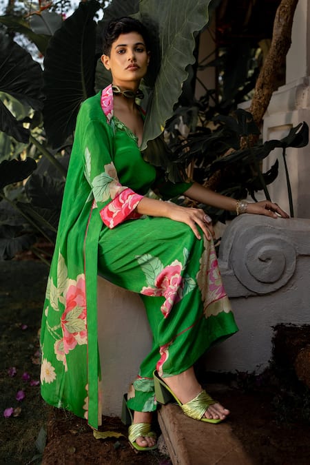 Buy_Paulmi And Harsh_Green Crepe Embroidery Sweetheart Spring Blooming Floral Jacket And Pant Set _Online_at_Aza_Fashions