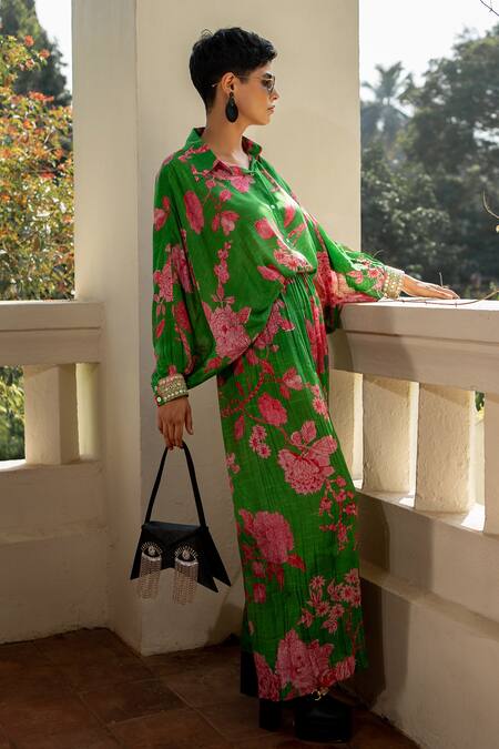 Buy_Paulmi And Harsh_Green Collared Floral Printed Kimono Sleeve Shirt And Pant Set _Online_at_Aza_Fashions