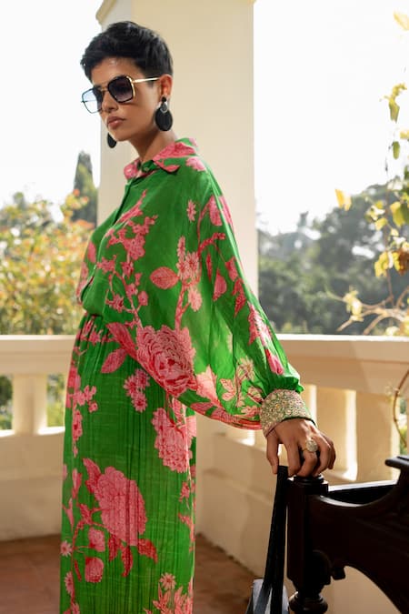 Paulmi And Harsh_Green Collared Floral Printed Kimono Sleeve Shirt And Pant Set _at_Aza_Fashions